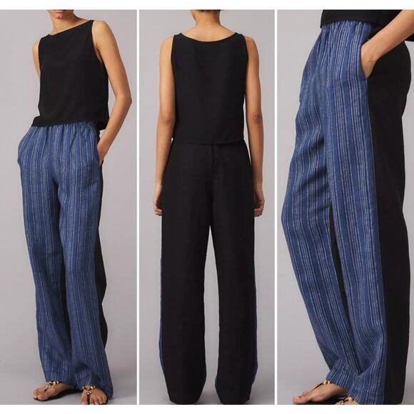 Tory Burch 100% Linen Pants Elastic Waist Striped front solid black back sz 2 - Picture 1 of 11
